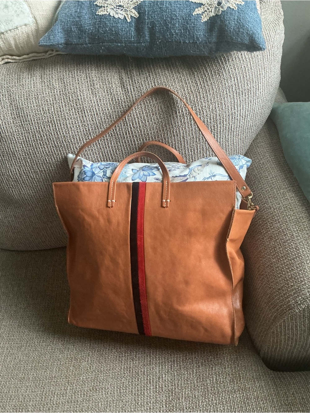Clare V Tan Leather Tote with Red and Brown Stripe